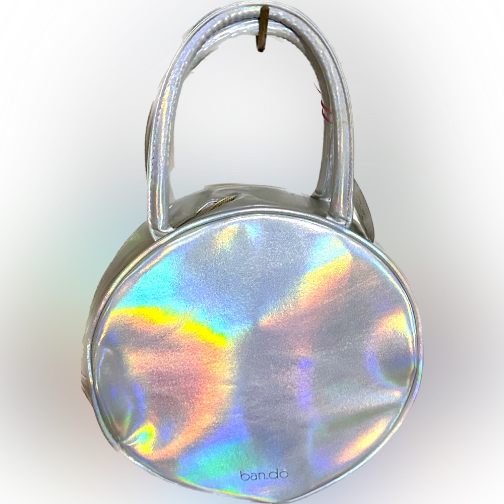 BAN.DO A GIRL’s GOTTA EAT INSULATED HOLOGRAM LUNCH BAG SILVER w/GOLD HARDWARE